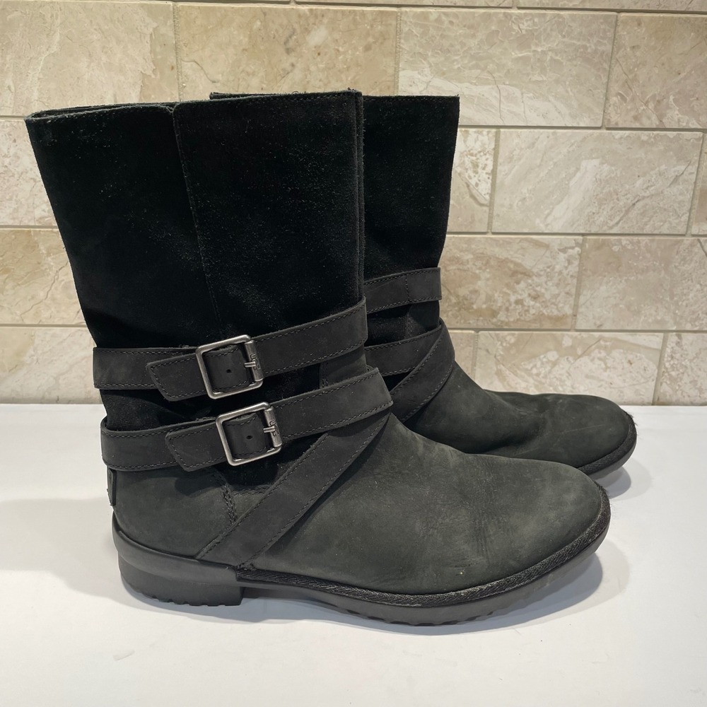 UGG Lorna Black Waterproof Leather‎ Suede Buckle Mid Calf Boots Sherpa 8.5